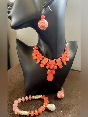 Bold Coral Statement Bib Necklace, Bracelet and Earrings Set